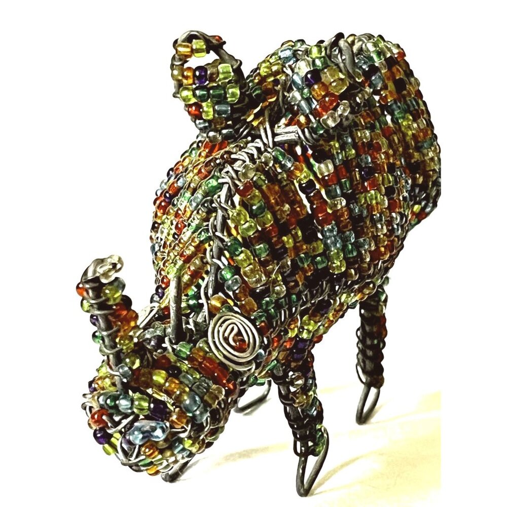 Handmade Beaded Wire Glass Bead Rhinoceros Figurine African Artisans